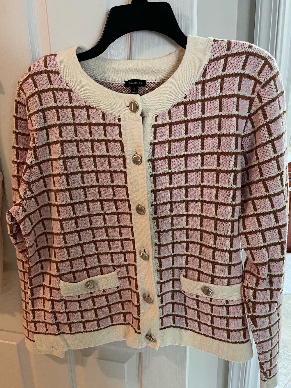 Talbots Pink and Cream Grid Knit Cardigan